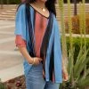 Lily | Blue & Coral Abstract Stripe Layered Ruffle-Sleeve V-Neck Tunic - Plus
