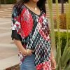 Lily | Black & Red Abstract Geometric Layered Ruffle-Sleeve V-Neck Tunic - Plus