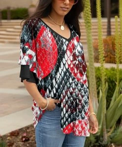 Lily | Black & Red Abstract Geometric Layered Ruffle-Sleeve V-Neck Tunic - Plus