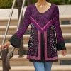 Lily | Black & Plum Floral Bell-Sleeve V-Neck Tunic - Women