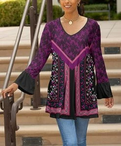 Lily | Black & Plum Floral Bell-Sleeve V-Neck Tunic - Women