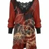 Lily | Black & Rust Floral Lace-Accent V-Neck Tunic Sweater - Plus