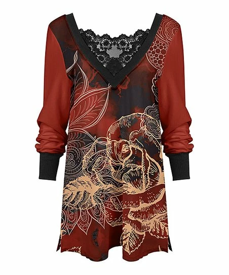 Lily | Black & Rust Floral Lace-Accent V-Neck Tunic Sweater - Plus 1 Lily | Black & Rust Floral Lace-Accent V-Neck Tunic Sweater - Plus