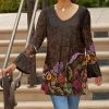 Lily | Brown & Purple Floral Bell-Sleeve V-Neck Tunic - Women