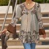 Lily | Brown & Beige Foliage Bell-Sleeve V-Neck Tunic - Plus