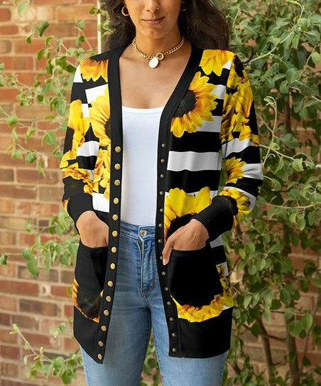 Lily | Black & Yellow Floral Stripe Pocket Snap-Up Cardigan - Women & Plus 1 Lily | Black & Yellow Floral Stripe Pocket Snap-Up Cardigan - Women & Plus