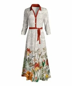 Lily | Rust & Cream Floral V-Neck Long-Sleeve Belted Maxi Dress - Women