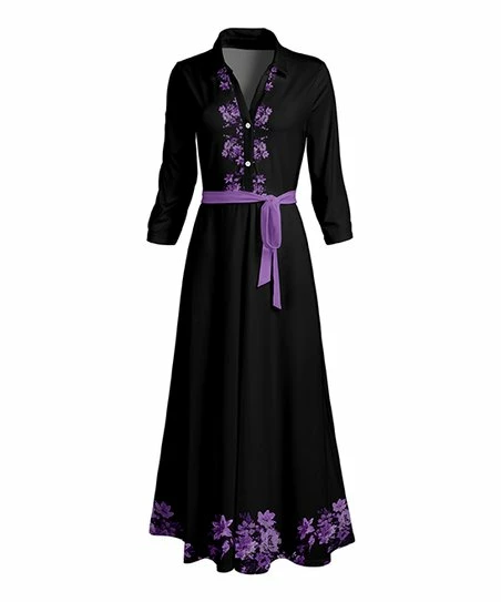 Lily | Black & Purple Floral V-Neck Long-Sleeve Belted Maxi Dress - Women 1 Lily | Black & Purple Floral V-Neck Long-Sleeve Belted Maxi Dress - Women
