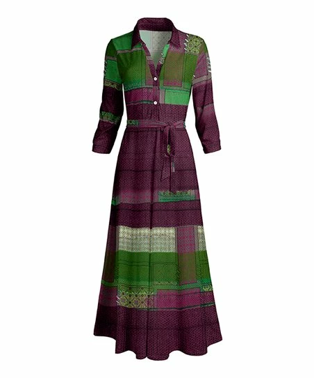 Lily | Purple & Green Stripe V-Neck Long-Sleeve Belted Maxi Dress - Women 1 Lily | Purple & Green Stripe V-Neck Long-Sleeve Belted Maxi Dress - Women