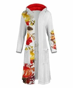 Lily | Red & White Pumpkin Leaf Hooded Pocket Longline Cardigan - Plus