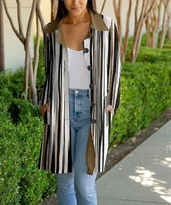 Lily | Black & White Stripe Pocket Button-Up Coat - Women