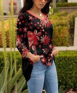 Lily | Black & Red Floral V-Neck Tunic - Plus