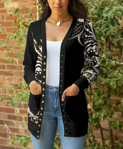 Lily | Black & White Floral Pocket Snap-Up Cardigan - Women & Plus