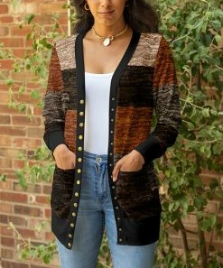 Lily | Black & Brown Color Block Pocket Snap-Up Cardigan - Women & Plus