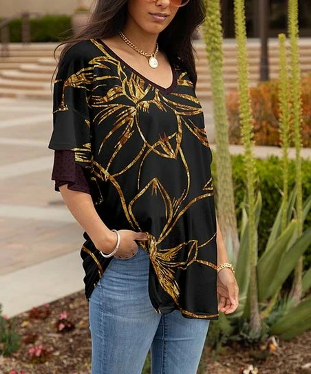 Lily | Black & Gold Floral Layered-Sleeve V-Neck Tunic - Women 1 Lily | Black & Gold Floral Layered-Sleeve V-Neck Tunic - Women