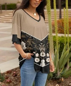 Lily | Black & Beige Floral Polka Dot Layered-Sleeve V-Neck Tunic - Plus