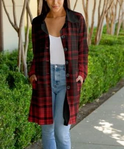 Lily | Black & Red Plaid Bal-Collar Duster - Plus