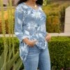 Lily | Blue & White Floral Three-Quarter Sleeve V-Neck Tunic - Women