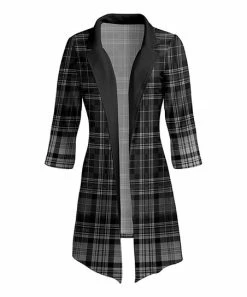 Lily | Black & Gray Plaid Contrast Collar Asymmetric Hem Open Duster - Women