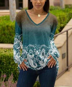 Lily | Teal & Brown Paisley Long-Sleeve V-Neck Tunic - Plus