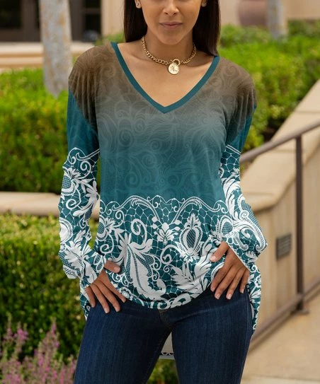 Lily | Teal & Brown Paisley Long-Sleeve V-Neck Tunic - Plus 1 Lily | Teal & Brown Paisley Long-Sleeve V-Neck Tunic - Plus