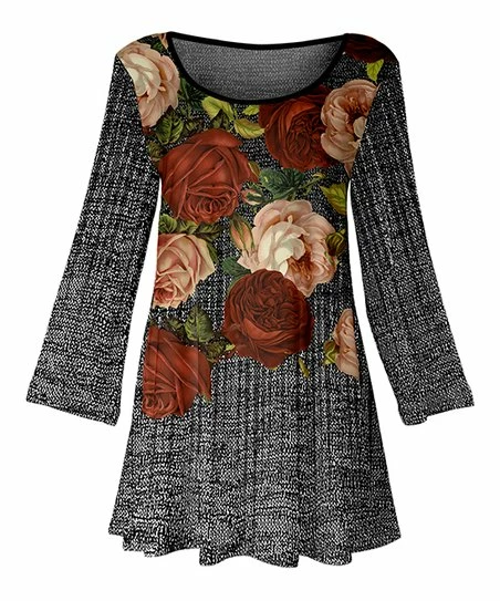 Lily | Gray & Brown Floral Scoop Neck Three-Quarter Sleeve Tunic - Plus 1 Lily | Gray & Brown Floral Scoop Neck Three-Quarter Sleeve Tunic - Plus