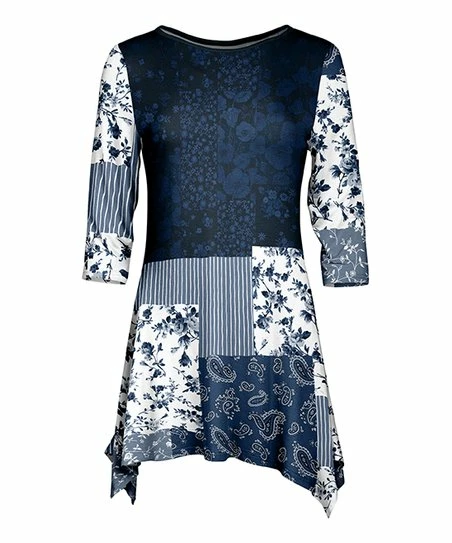 Lily | Blue & White Floral Paisley Block Sidetail Tunic - Plus 1 Lily | Blue & White Floral Paisley Block Sidetail Tunic - Plus