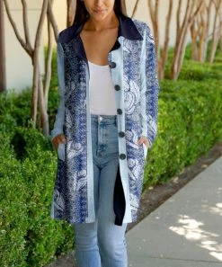 Lily | Blue & Navy Floral Pocket Longline Jacket - Women