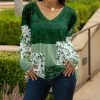 Lily | Green & White Floral Patchwork Long-Sleeve V-Neck Tunic - Women & Plus
