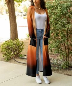 Lily | Black & Orange Floral Ombré Pocket Long Open Duster - Plus