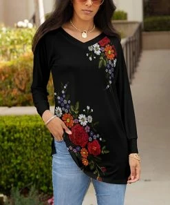 Lily | Black & Red Floral V-Neck Tunic - Women