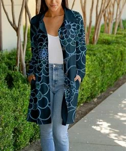 Lily | Navy & Blure Floral Outline Button-Up Car Coat - Women