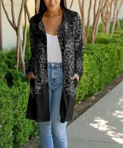 Lily | Black & Gray Floral Button-Up Car Coat - Women