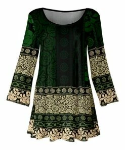 Lily | Green & Black Geometric Floral Flared Long-Sleeve Tunic - Women & Plus