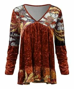 Lily | Rust & Cream Leaf Velvet V-Neck Tunic - Women