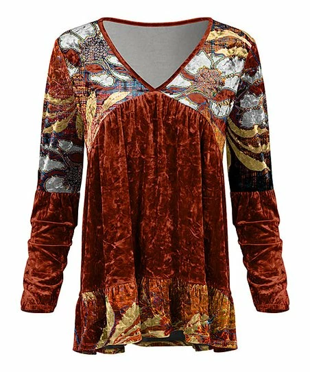 Lily | Rust & Cream Leaf Velvet V-Neck Tunic - Women 1 Lily | Rust & Cream Leaf Velvet V-Neck Tunic - Women
