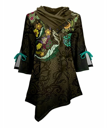Lily | Brown & Turquoise Floral Asymmetrical Hem Tunic - Women 1 Lily | Brown & Turquoise Floral Asymmetrical Hem Tunic - Women