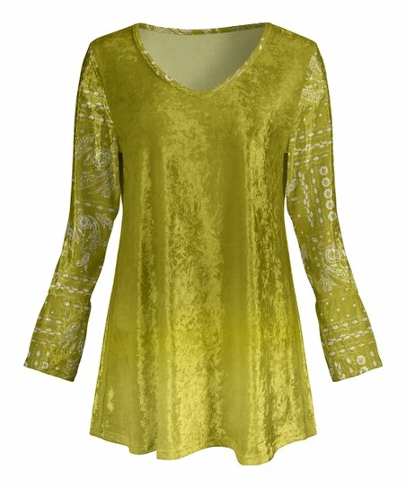Lily | Yellow & White Velvet Paisley-Detail Long-Sleeve V-Neck Tunic - Women 1 Lily | Yellow & White Velvet Paisley-Detail Long-Sleeve V-Neck Tunic - Women