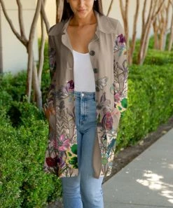Lily | Beige Multicolor Floral Pocket Button-Up Coat - Women