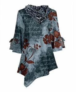 Lily | Navy & Rust Floral Bell-Sleeve Asymmetrical Tunic - Women