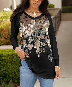 Lily | Black & Brown Floral Long-Sleeve V-Neck Tunic - Women & Plus