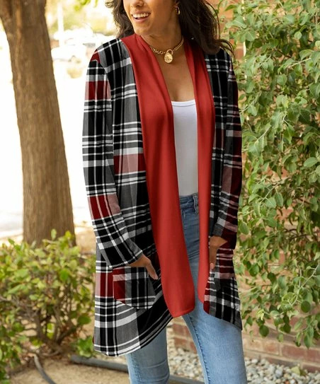 Lily | Black & Red Plaid Shawl-Collar Pocket Open Cardigan - Plus 1 Lily | Black & Red Plaid Shawl-Collar Pocket Open Cardigan - Plus