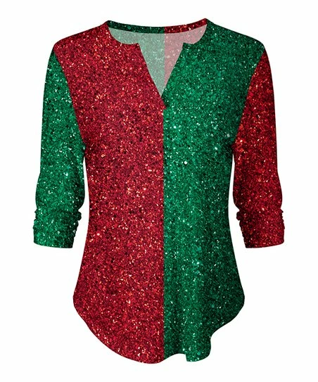 Lily | Green & Red Glitter-Print Curved-Hem Notch Neck Top - Women 1 Lily | Green & Red Glitter-Print Curved-Hem Notch Neck Top - Women