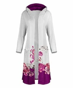 Lily | Purple & White Floral Pocket Hooded Open Cardigan - Women
