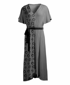 Lily | Black & Gray Flower Flutter-Sleeve Wrap Dress - Women