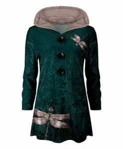 Lily | Turquoise & Cream Dragonfly Velvet Button-Up Hoodie - Plus