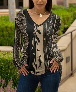 Lily | Black & Beige Floral & Leaf Stripe V-Neck Tunic - Women