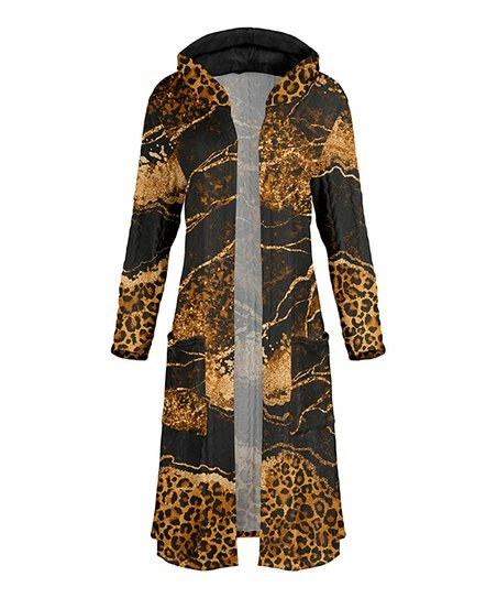 Lily | Gold & Black Leopard Marbled Pocket Hooded Duster - Plus 1 Lily | Gold & Black Leopard Marbled Pocket Hooded Duster - Plus