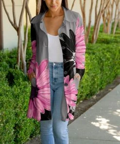 Lily | Black & Pink Floral Pocket Trench Coat - Women