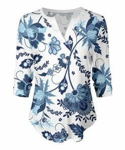 Lily | White & Blue Floral Notch Neck Long-Sleeve Top - Women